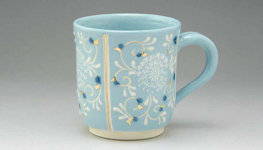 京焼/清水焼 陶器 マグカップ 淡彩三島（青） 紙箱入 Kyo-yaki. Japanese mug cup tansai mishima blue. Paper box. Ceramic.