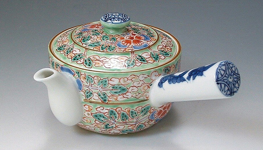 京焼/清水焼 磁器 急須 ヒワ花雲 紙箱入 Kyo-yaki. Japanese Kyusu teapot hiwakaun. Paper box. Porcelain.