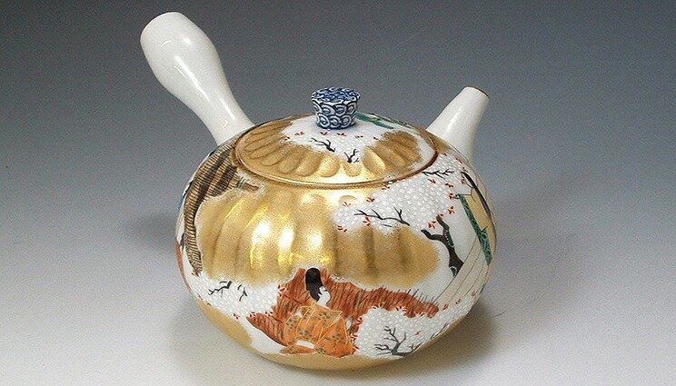 京焼/清水焼 磁器 急須 源氏物語 紙箱入 Kyo-yaki. Japanese Kyusu teapot story of genji. Paper box. Porcelain.