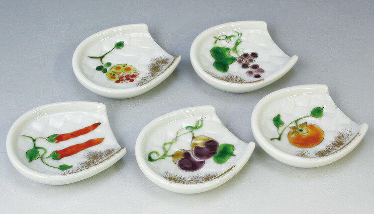 京焼/清水焼 磁器 箸置 実り 5入 紙箱入 Kyo-yaki. Set of 5 Japanese chopstick spoon rest minori. Paper box. Porcelain.