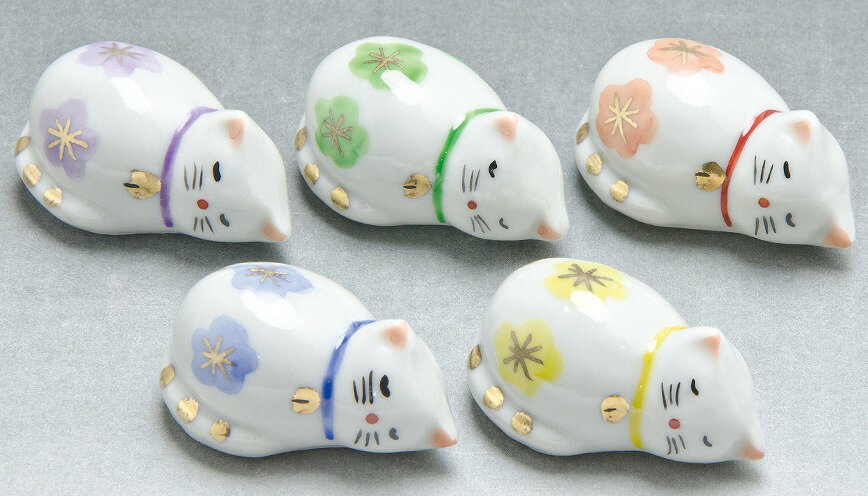 京焼/清水焼 陶器 箸置 花ねこ 5入 紙箱入 Kyo-yaki. Set of 5 Japanese chopstick spoon rest cats. Paper box. Ceramic.