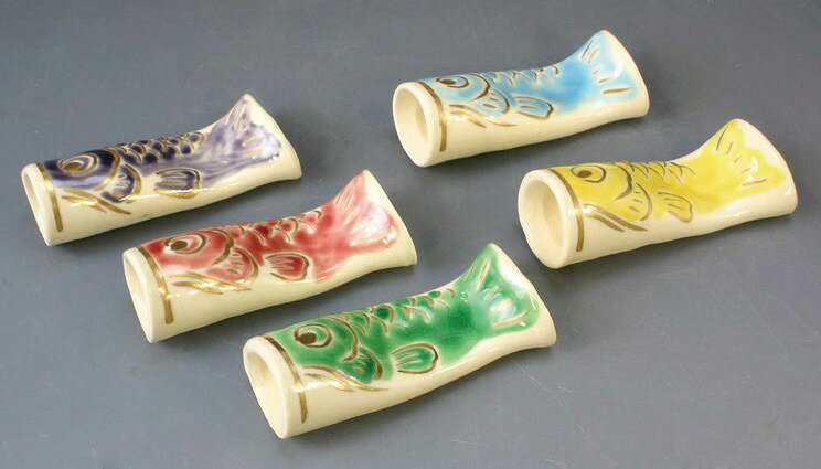 京焼/清水焼 陶器 箸置 爽風 5入 紙箱入 Kyo-yaki. Set of 5 Japanese chopstick spoon rest carps. Paper box. Ceramic.