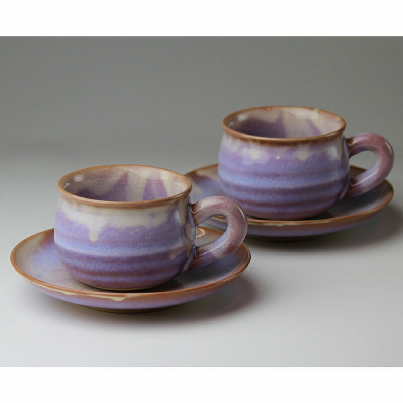萩焼 萩むらさき丸珈琲ペア(化粧箱) Hagi yaki purple cup saucer 2set made in Japan. Japanese pottery.