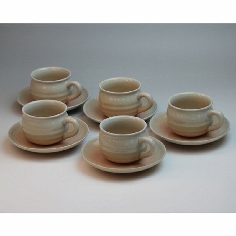 萩焼 姫土珈琲セット（木箱） Hagi yaki hime cup saucer 5set made in Japan. Japanese pottery with wood box.