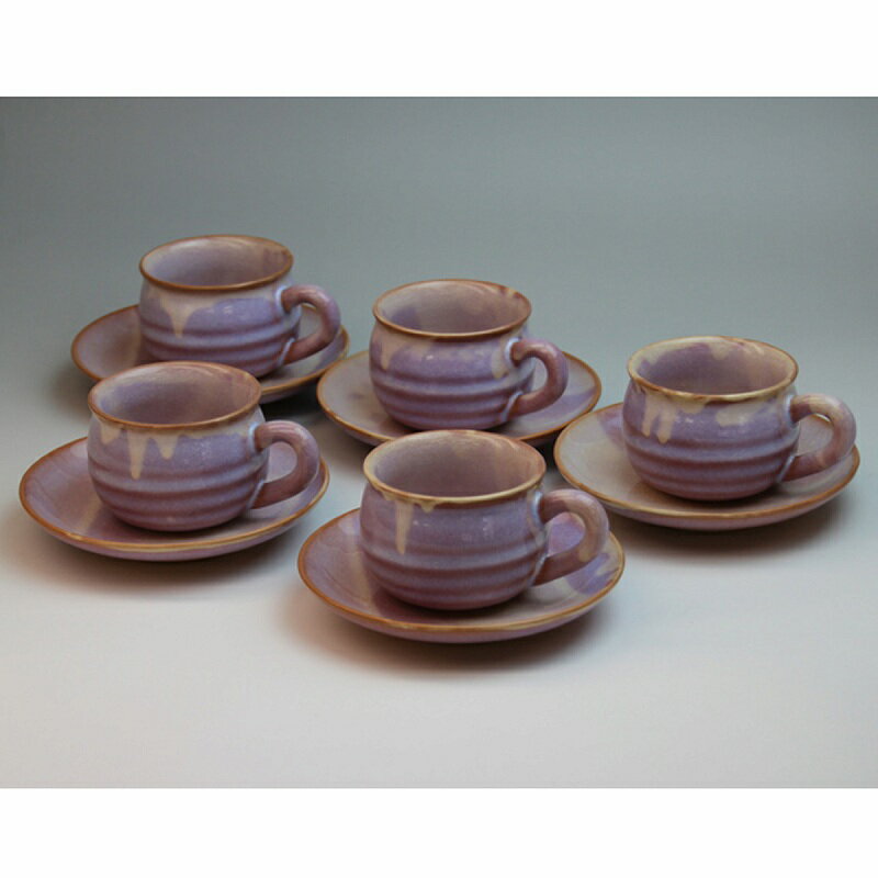 萩焼 萩むらさき丸珈琲セット（木箱） Hagi yaki purple cup saucer 5set made in Japan. Japanese pottery with wood box.