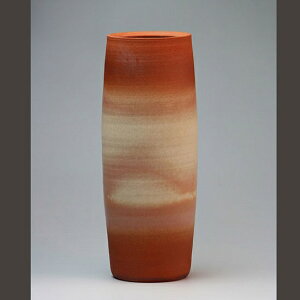 萩焼 火色筒花生敬三作（木箱） Hagi yaki Hiiro tsutsu Vase made in Japan. Japanese pottery with wood box. Free shipping.