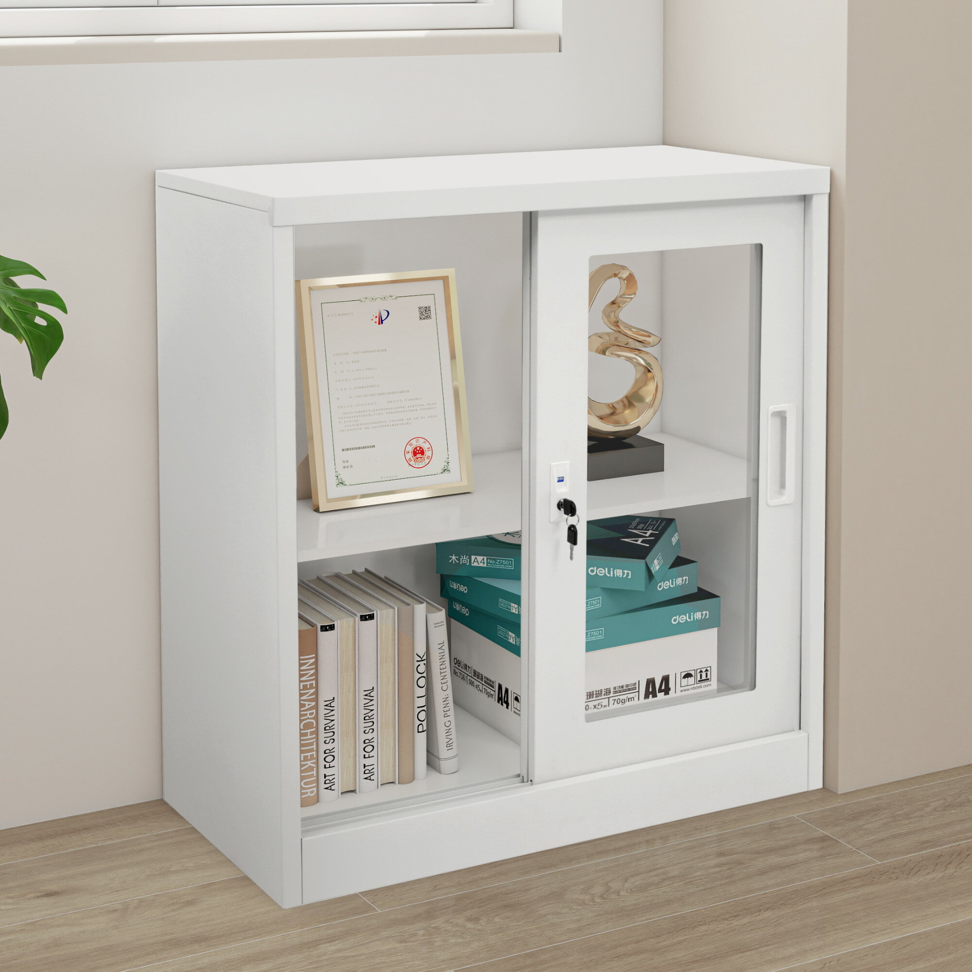 【スーパーセール10％OFF&20時～2H限定P5倍】スチール書庫 引き戸タイプ 書類保管庫 保管庫 収納 オフィス 事務所 更衣室 学校 業務用 書庫 おしゃれ キャビネット スチールキャビネット ベース付き 可動棚 A4対応 日本語説明書付き 棚板可動