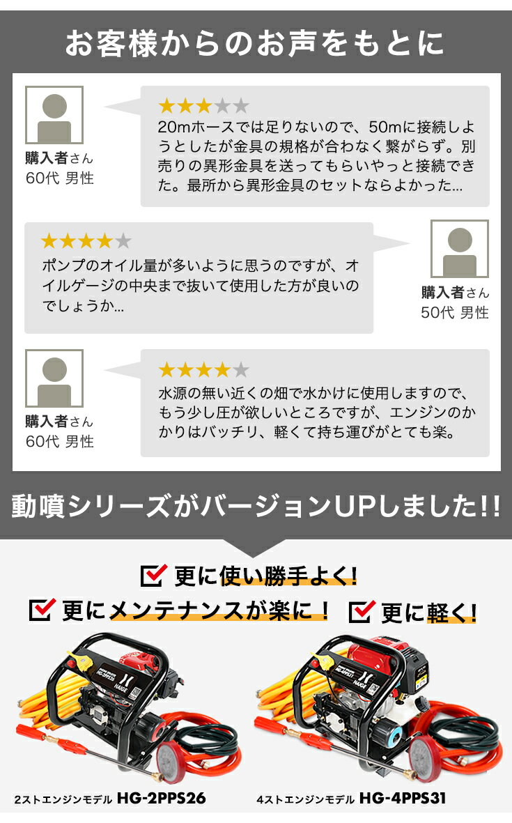 ハイガー公式 エンジン噴霧器 セット動噴 小型 4スト 16mホース付き HG-4PPS31 1年保証 2