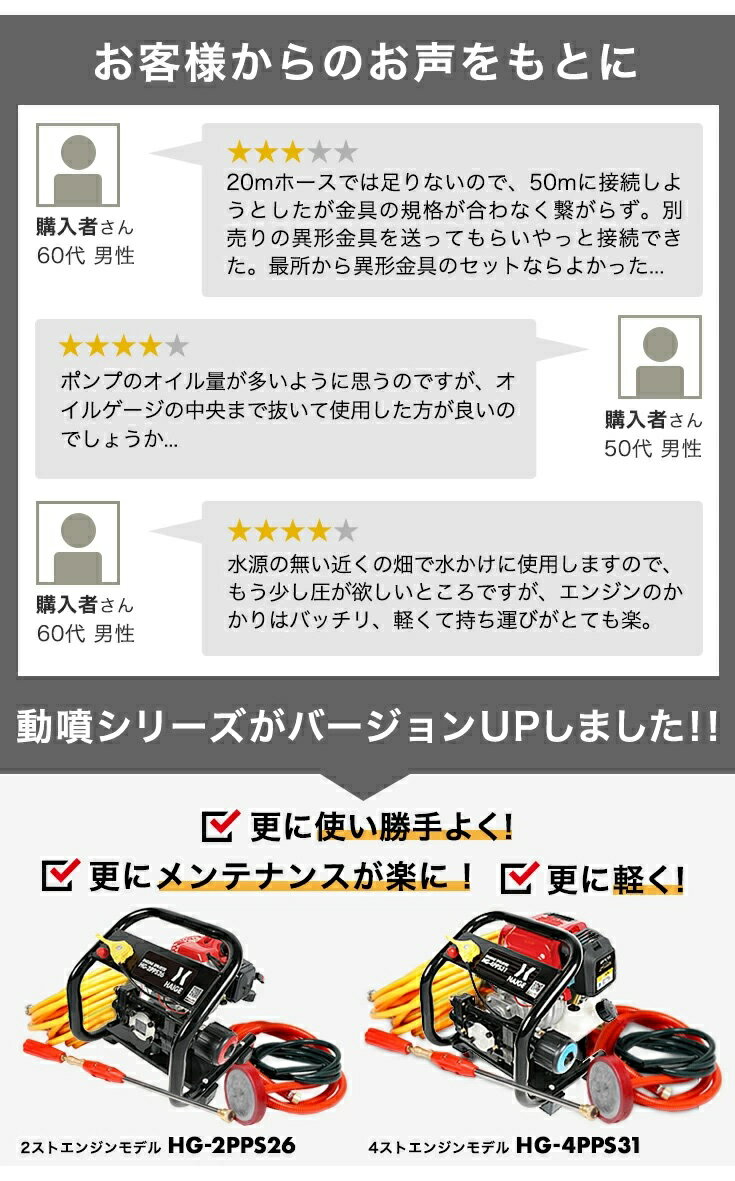 ハイガー エンジン噴霧器 セット動噴 動噴霧器 小型 4スト 16mホース付き HG-4PPS31 最大3年保証 3