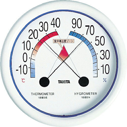 特長：ひと目でわかる食中毒注意ゾーン付きです。キッチンや厨房などにおすすめです。用途：キッチンや厨房などでに。仕様：測定温度範囲(℃)：-10〜40温度最小表示(℃)：5測定湿度範囲(%RH)：10〜90湿度最小表示(%RH)：5測定項目：温度、湿度測定精度：温度：±5℃　湿度：35%〜75%まで±5%、それ以外10%直径×厚さ：182×32mm材質／仕上：ABSセット内容／付属品：サーモのしおり（保証書付）　●代表画像について 商品によっては、代表画像を使用している場合がございます。 商品のカラー、サイズなどが異なる商品をイメージ画像として 使用させて頂いている場合がございます。 必ず、商品の品番と仕様をご確認のうえ、ご注文お願いいたいます。 　●北海道・沖縄・離島・一部地域の送料について 別途追加で送料がかかる場合がございます。 送料がかかる場合は、メールにて送料をご連絡させて頂き、 お客様にご了承頂いてからの手配となります。 　●お買上げ明細書の廃止について 当店では、個人情報保護と環境保護の観点から同封を廃止しております。 お買上げ明細書が必要な場合は、備考欄に「お買上げ明細必要」と 記載お願いいたします。 当店からの出荷の場合は、同封にて発送させて頂きます。 （※メーカー直送の場合は、PDFデータをメールさせて頂きます。）