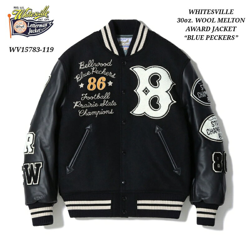 Rakuten - WHITESVILLE 30oz. WOOL MELTON AWARD JACKET“BLUE PECKERS” (BLACK) スタジャン アワードジャケット ホワイツビル WV15783-119