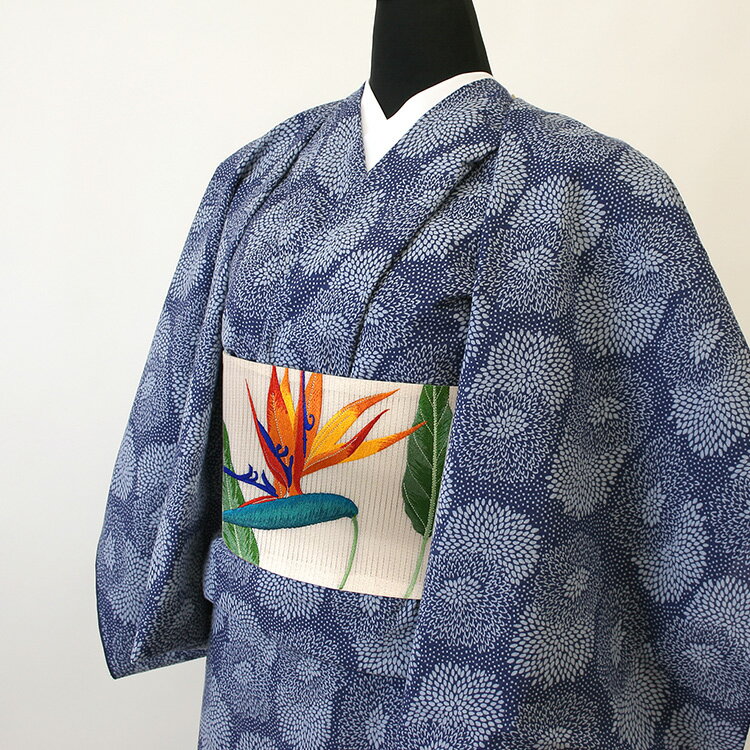 阿波しじら織り 抜染シリーズ 木綿 着物 夏着物 浴衣 コットン着物 単衣きもの《仕立代込み》抜染 霰にむじな菊づくし No.504【受注生産】