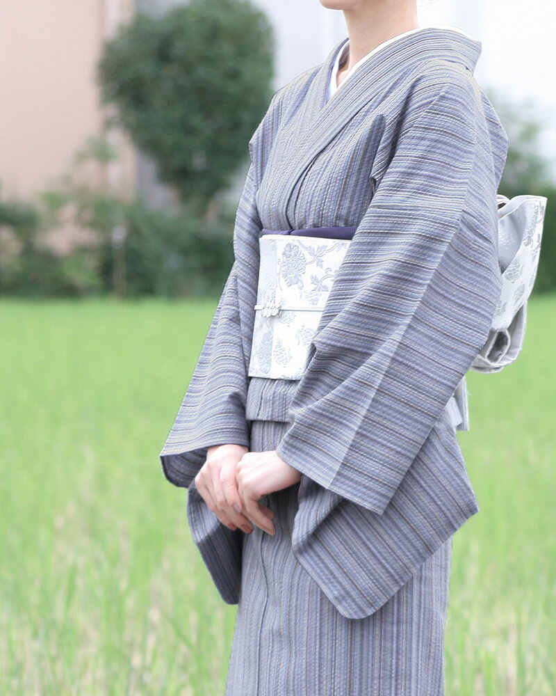 木綿とウールの暖かな冬着物 国内手縫い 阿波コットンウール着物 日本製 単衣仕立て《反物／お仕立て》ウール混 ラベンダーブルーに多色縞 No.w21【受注生産】
