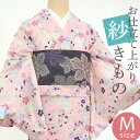 【訳あり】着物 夏 洗える着物 お仕立て上がり プレタ 紗 小紋 単品 レディースきもの ポリエステル 広衿 ピンクに雲取流水 撫子 桔梗 立花 萩 桃色〔Mサイズ〕