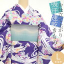 着物 夏 洗える着物 お仕立て上がり プレタ 小紋 単品 レディースきもの ポリエステル 広衿 吸汗速乾 紫に流水と秋草ちらし 撫子 萩 桔梗 パープル〔Lサイズ〕