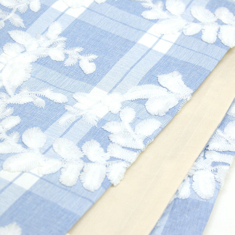 半幅帯 リバーシブル《市田ひろみ》ブルー チェック 唐草 レース × アイボリー ピンストライプ 半巾帯【IT】