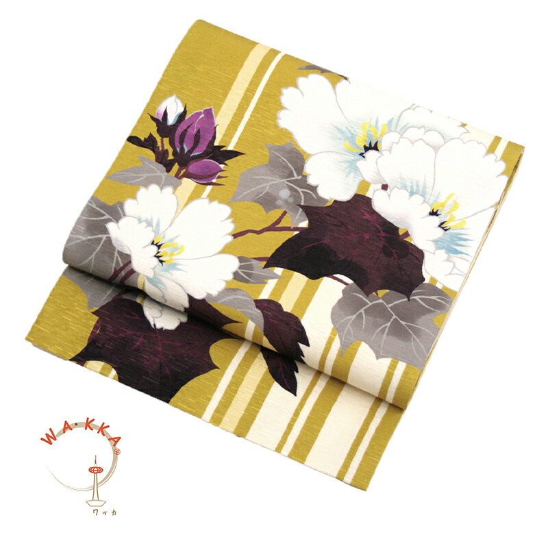《WAKKA》京袋帯 正絹 お仕立て上がり 全通お太鼓柄 粋芙蓉（すいふよう）縞に芙蓉 イエロー（カラシ）【YM】