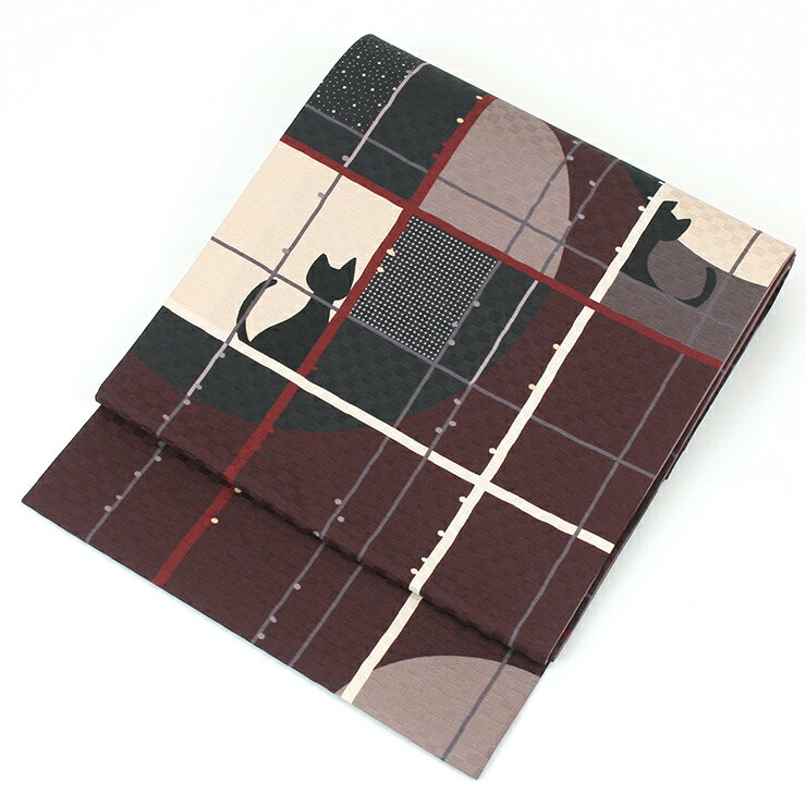 正絹 京袋帯 染め帯 お仕立て上がり 京名古屋帯 全通 かくれんぼネコ（ボルドー）No.TK15-Aお太鼓【KK】