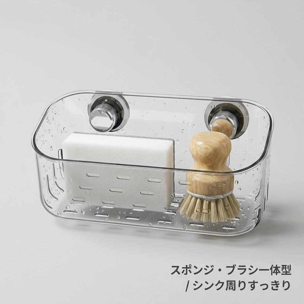 吸盤 スポンジホルダー 水切りラック 多機能 【スポンジ ブラシ 収納 一体型】 壁掛け シンク キッチン収納 洗面台 お風呂 すっきり 透明 コンパクト TADAU