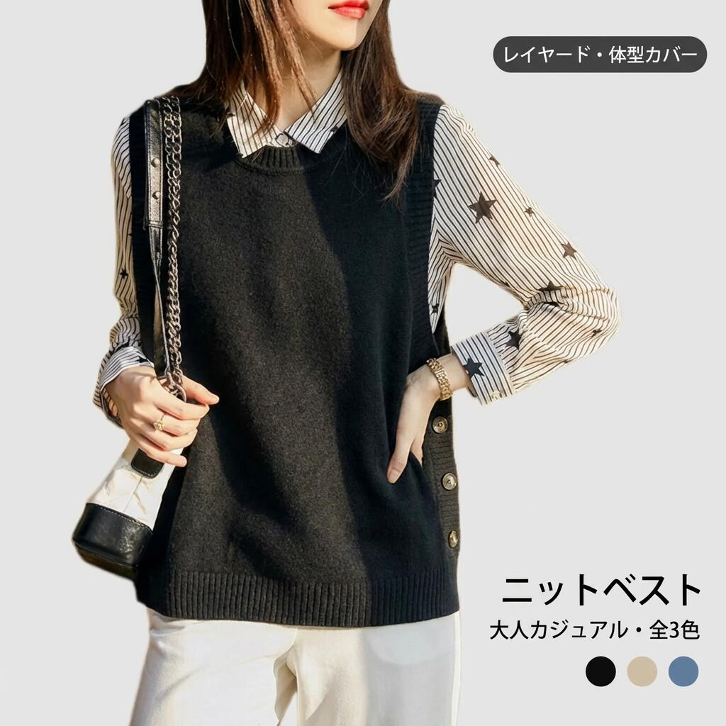 Rakuten - ニットベスト レディース レイヤードトップス ニット ノースリーブ トップス プルオーバー スリム 無地 シンプル ラウンドネック 大人 カジュアル ゆったり S M L XL 2XL ベスト 春 秋 ニットセーター