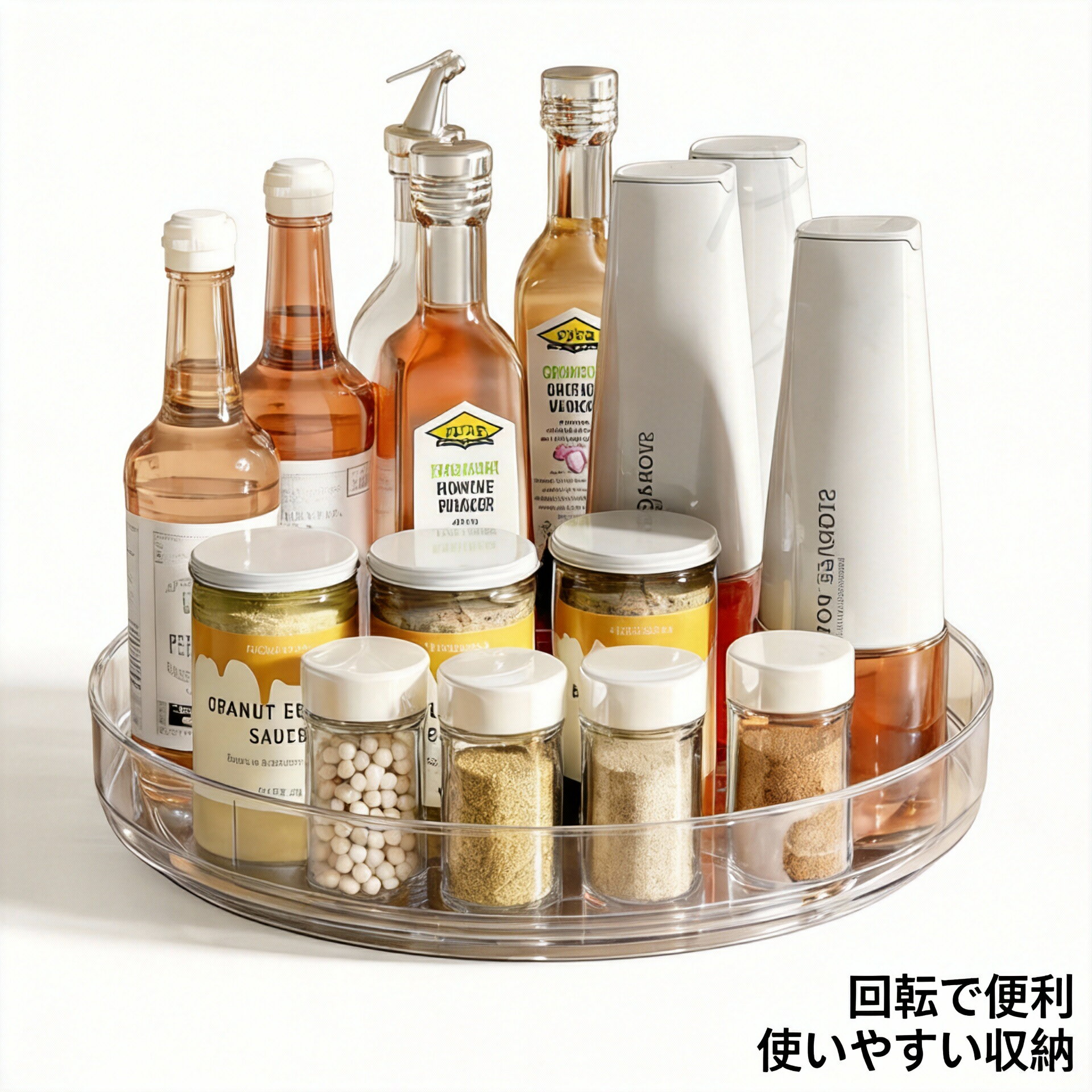 回転 スパイスラック 静音 透明 調味料入れ 360度 回転式 スパイス回転ラック 調味料トレー 小物入れ キッチン収納 メイク収納 卓上収納 冷蔵庫 食器棚 コンパクト おしゃれ 収納 トレイ TADAU