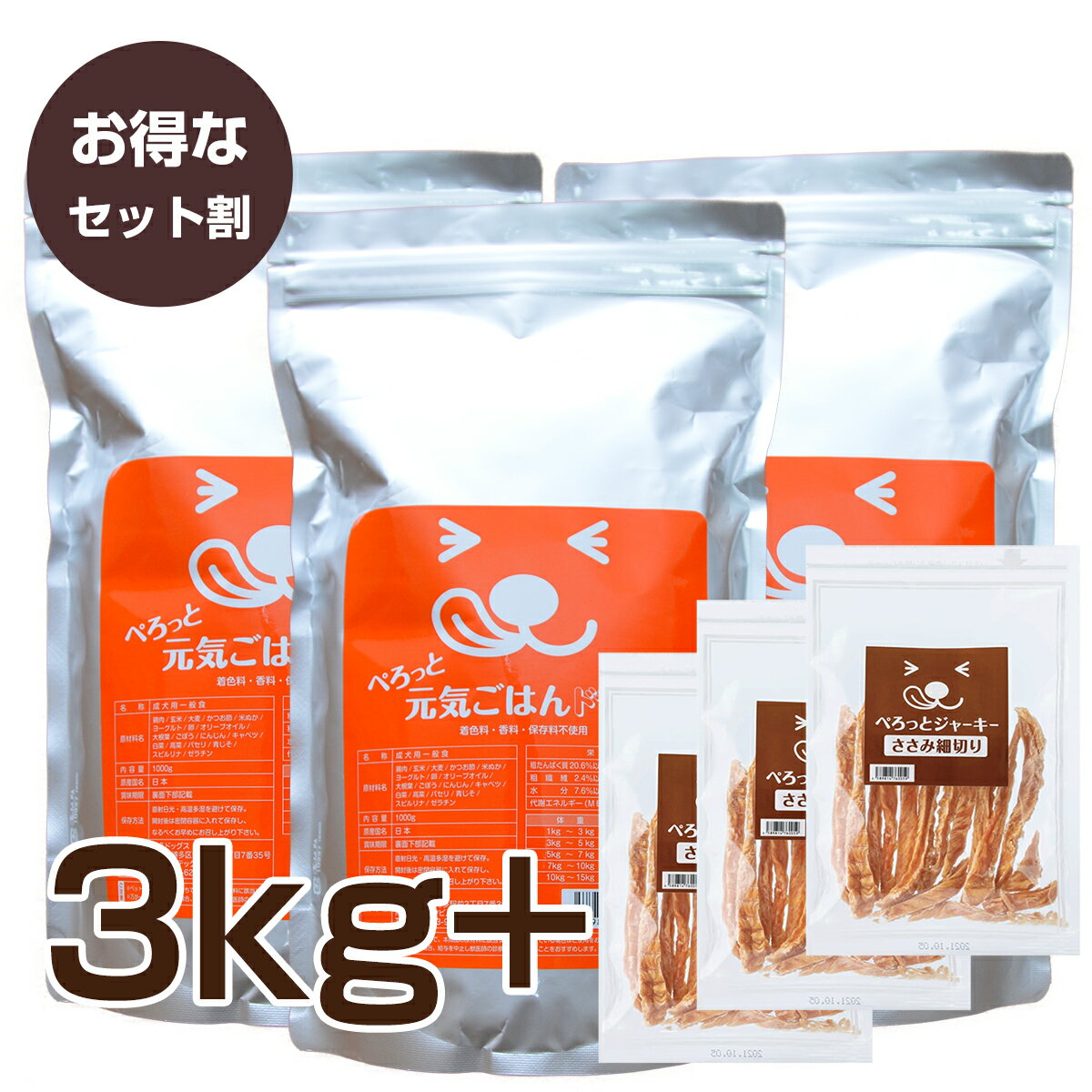 【お得セット】ぺろっと元気ごはん3kg + ジャーキー 120g 送料無料 見える無添加 国産 全犬種 全年齢 対応 チキン 鶏肉 低脂質 お試しドッグフード ドライフード ぺろっとジャーキー ささみジャーキー ササミ ペット 涙やけ 目やに におい 毛並み 小型犬 中型犬 成犬 シニア