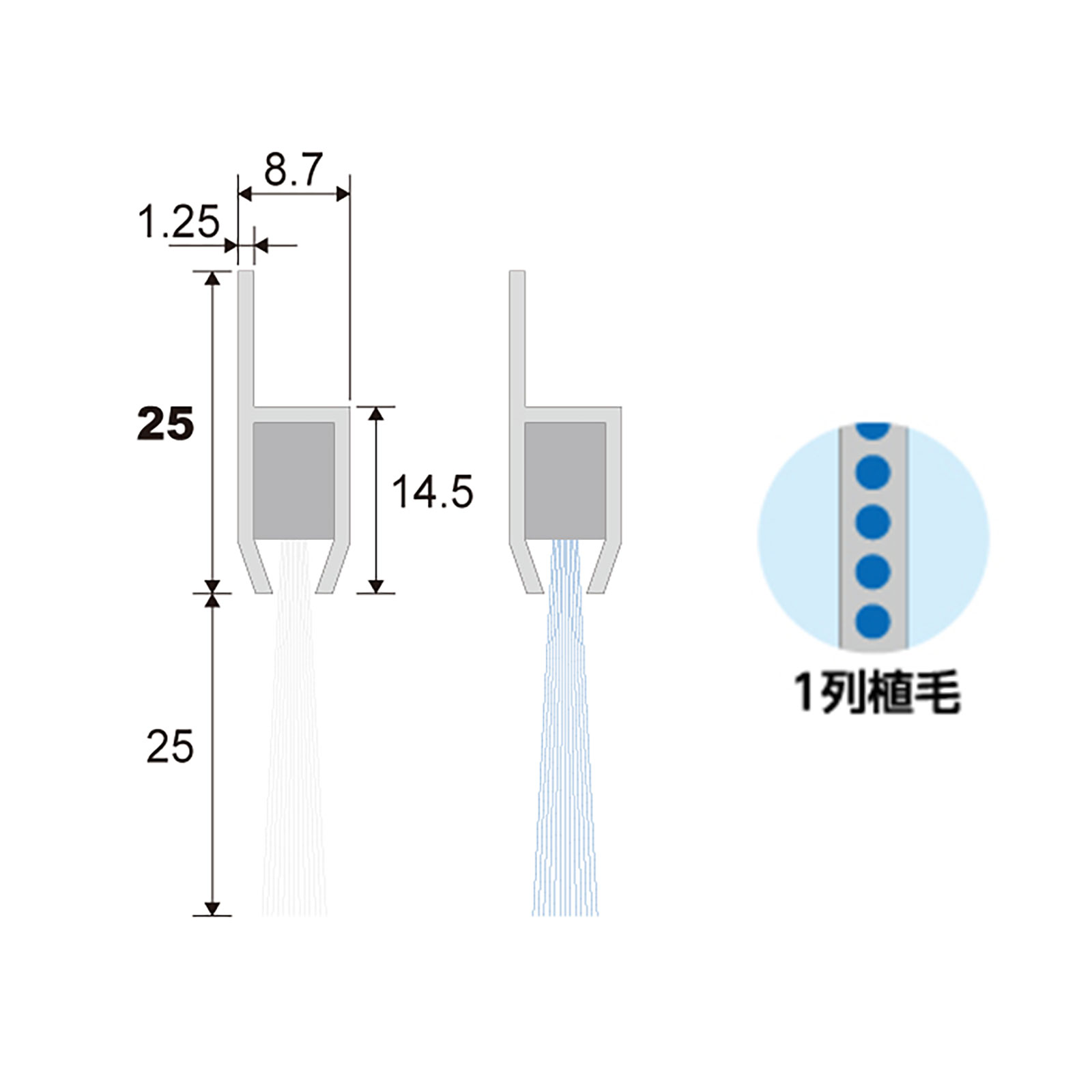 ハケ市のバーテック バーストリップブラシ H825 耐熱 白 全長 0.5m 毛丈 25mm 厚み 8.7mm 1本 H825-500PBT2W 26112300 ｜BURRTEC 防虫 防塵 ブラシ 隙間対策｜アングル2