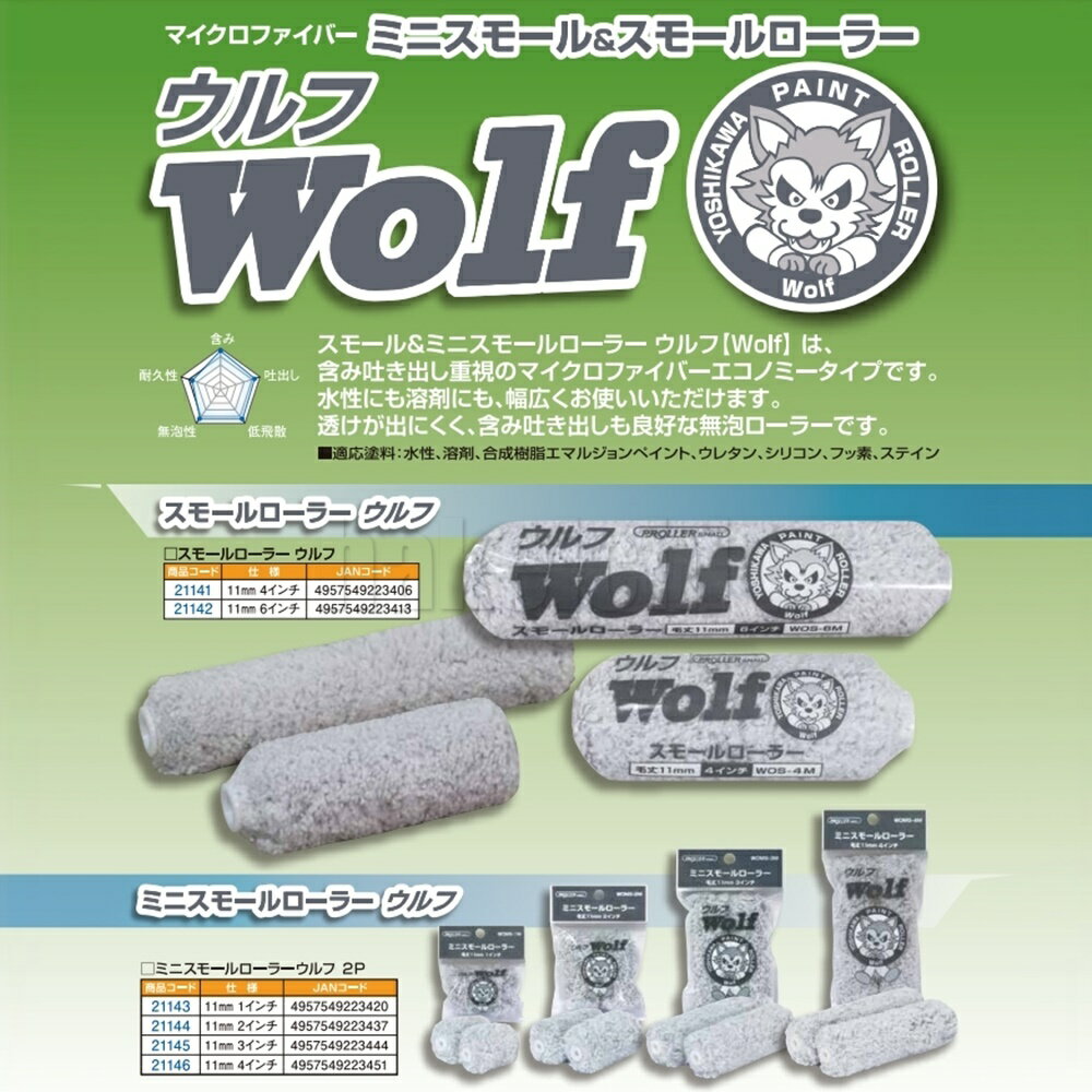 好川産業 ウルフ ミニスモールローラー 4インチ 2本 毛丈 11mm ｜ Wolf マイクロファイバー ペイントローラー DIY 塗装用 ペンキ 021146 WOMS-4M