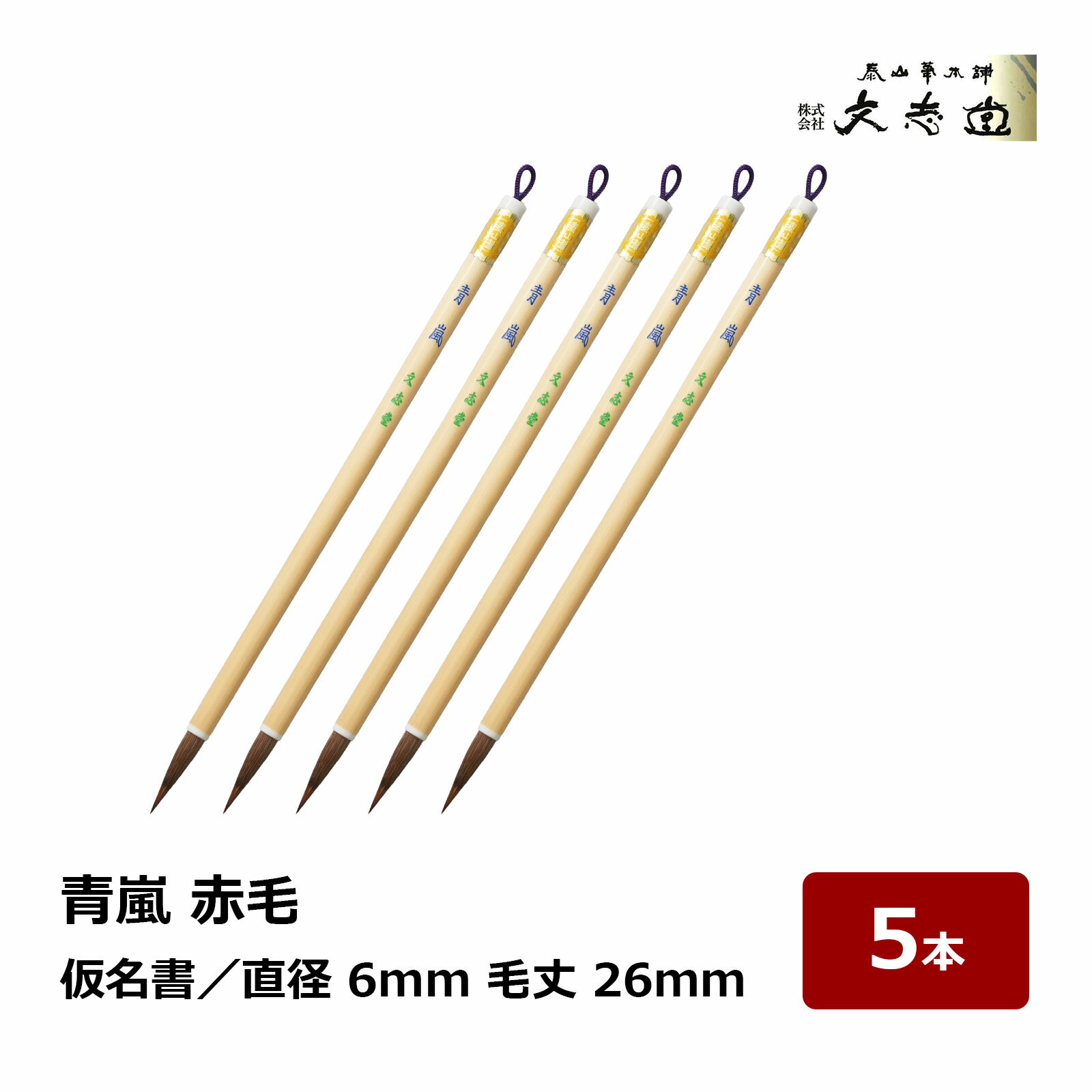 文志堂 青嵐 赤毛 太さ 6mm 毛丈 26mm 5本セット｜小筆 細筆 細書 仮名書 狸 馬 鼬 筆 習字 書道 書写 07010