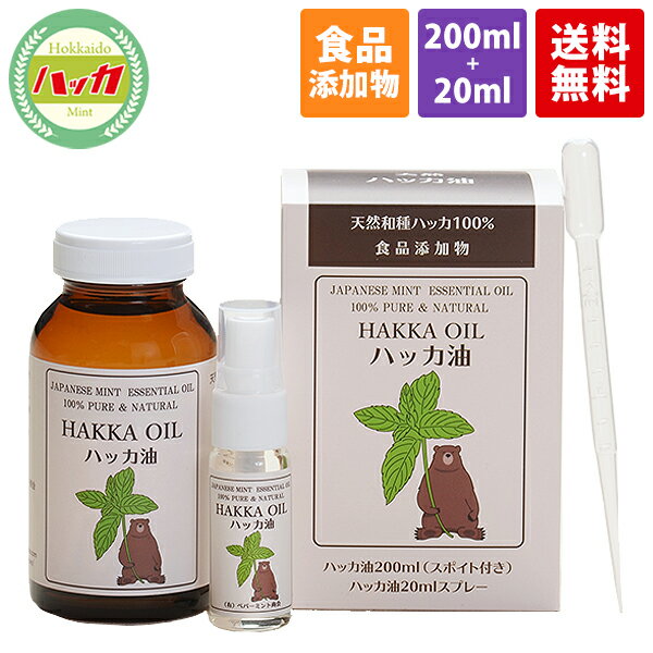 【食品添加物・日本製】天然ハッカ油200ml＋20mlスプレーセット 詰め替えに便利なスポイト付！天然和種ハッカ100％・虫除け・消臭・除菌効果