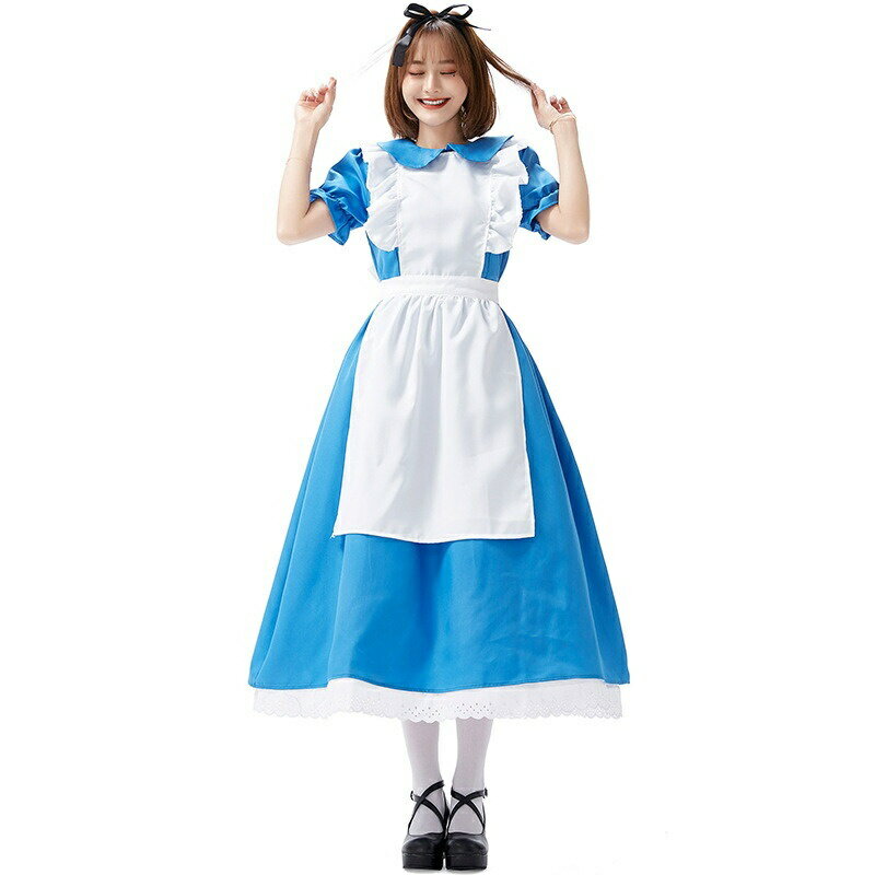 乐天商城 - メイド服 レディース 青色ワンピース メンズ ハロウィン コスチューム衣装 ロリータ メイド服 大人用 レディース メイド 男ウケ ワンピース 仮装 ハロウィンパーティー メイド コスプレ仮装 ロリータ服 大きいサイズ S-XL メイド服 二点セット ワンピース エプロン 送料無料