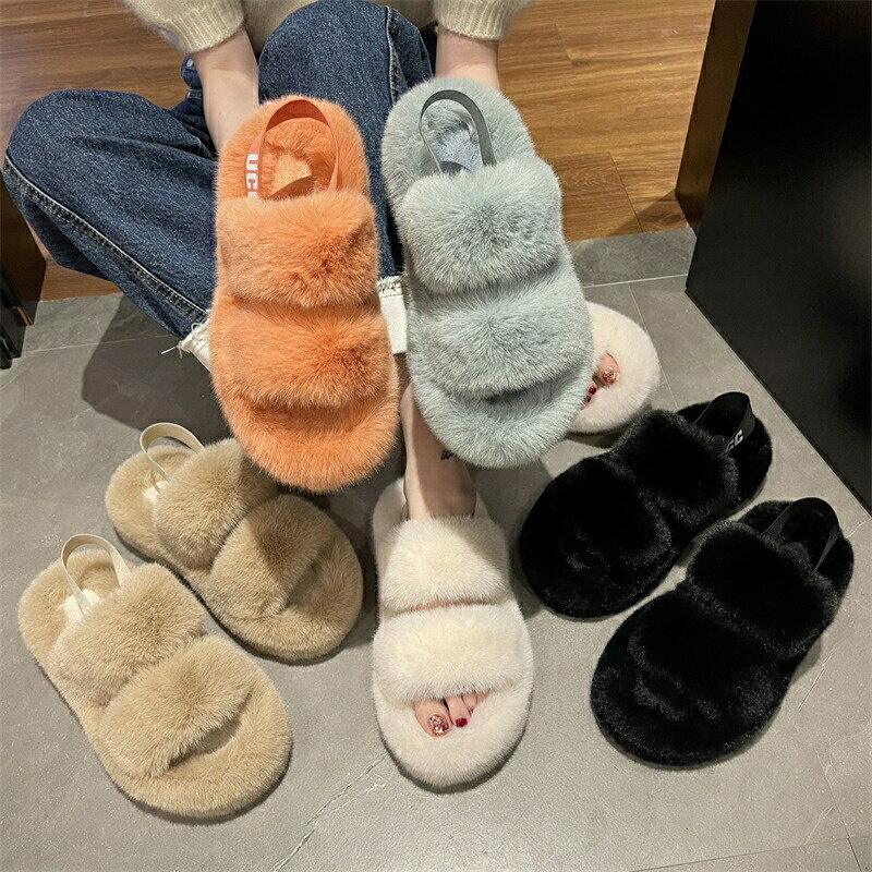 乐天商城 - 冬 サンダル レディース ファーサンダル 厚底 フェイクファー エコファー ファースリッパ さんだる あったか おしゃれ スリッパ 軽量 ふぁーさんだる バックベルト ルームシューズ ぺたんこ 室内 室外 靴 カジュアル 冬用 暖かい 歩きやすい 履きやすい ふわふわ モコモコ
