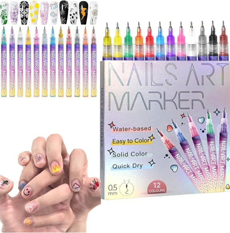 ネイルアートペン12色セット【2025最新】超極細0.5mmチップ 速乾インク ジェルネイル用DIYネイルアートマーカー メタルヘッド付き おしゃれ ペインティングライナーペン 誕生日 クリスマスプレゼント 自宅用 中学生 大人女子 初心者