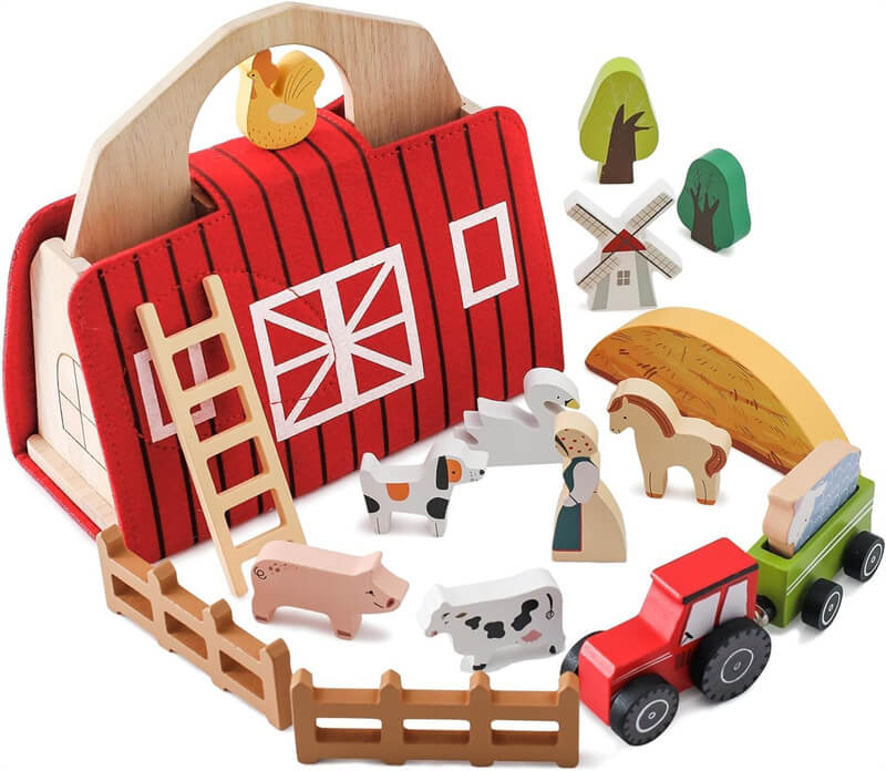 農場 積み木 木製 バランスゲーム wooden farm toys おしゃれ フェルト収納ケース モンテソッリー 木製おもちゃ 動物 子供 1歳 2歳 3歳 男の子 女の子 赤ちゃん 形状認識 早期開発 指先訓練 知育玩具 豪華おもちゃセット 誕生日 ギフト