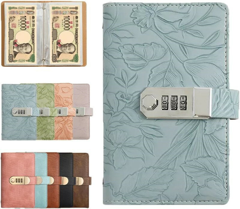 【高品質な素材感】柔らかくも丈夫なPVC・PUレザー製の現金収納付き家計簿は、防水・耐撕裂性に優れています。パスワードロック機能で、書類や請求書、現金など大切なものをしっかり守ります。（パスワード設定方法は商品ページをご参照ください） 【たっぷり収納で100枚対応】「100万円」を目標に貯金できる大容量仕様。内側に50ページの仕切りがあり、最大で紙幣100枚を整理して収納可能。コンパクトなのに効率的に貯められる設計です。（レザー調デザインサイズ：17.8×11×3cm／フラワーデザインサイズ：17.8×11.5×3cm） 【おしゃれなデザインで多彩に活躍】全12種類のデザインからお選びいただけます。紙幣収納に特化した貯金箱でありながら、貯金封筒やファイルとしても使えるマルチな一品です。 【使いやすい出し入れ設計】封筒型の貯金仕切りは取出しやすく工夫されています。透明な内袋付きなので中身が一目でわかり、必要な分だけサッと取り出せて便利です。 【コンパクトで置き場所を選ばない】いざという時にすぐ持ち出せるサイズ感で、防災備蓄品の収納にも最適。ランドセルにもすっぽり収まり、机の上や棚の隙間などちょとしたスペースに収納できます。