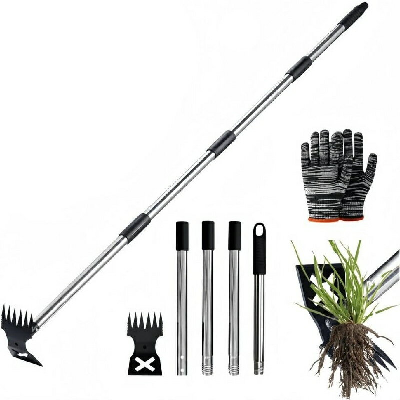 樂天商城 - 雑草抜きツール 2in1 雑草取り器具 伸縮レーキ ステンレス柄付 148cm 長いハンドル 立ったまま 草むしり用品 雑草 処理 草かり 草刈り道具 手動で効率的に雑草抜き 庭/芝生/農場/園芸用ツール 作業用手袋付き