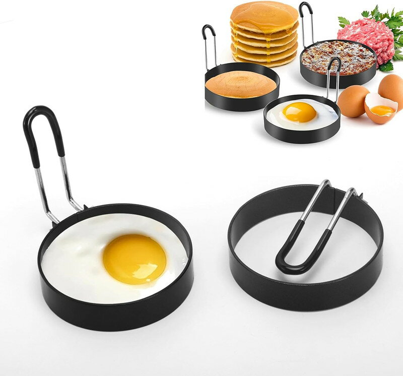 2個セット 目玉焼き型 目玉焼き 圆形模具 目玉焼きリング プレートエッグ くっつかない ステンレス製 柄手付き リング ステンレススチール 卵焼き 型 卵料理に パンケーキ型 目玉焼き オムレツ用 簡単使い 収納便利 (7.5cm ブラック 2個)