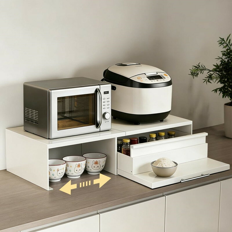 樂天商城 - 家電下収納 キッチン レンジ台 電子レンジ下ラック レンジした収納ラック 2段 作業台 引き出し付き レンジ下スライドテーブル 47〜90cm幅伸縮可能 電子レンジ置き キッチン雑貨 小物収納 多機能 スペース活用 スチール製 コーヒーマシンラック 完成品 オフィス 家庭用