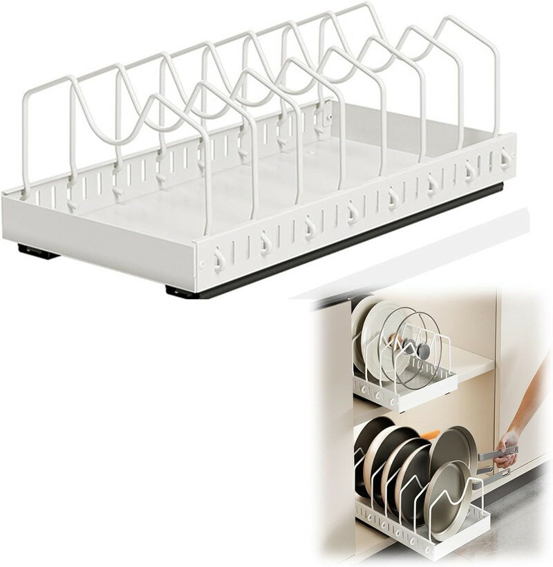 樂天商城 - フライパンラック 引き出し式 鍋蓋スタンド キッチン収納 8 段仕切り 調整可能 水切りトレー付き 厚炭素鋼製 キャビネット内収納 省スペース 家庭用 キッチン用品