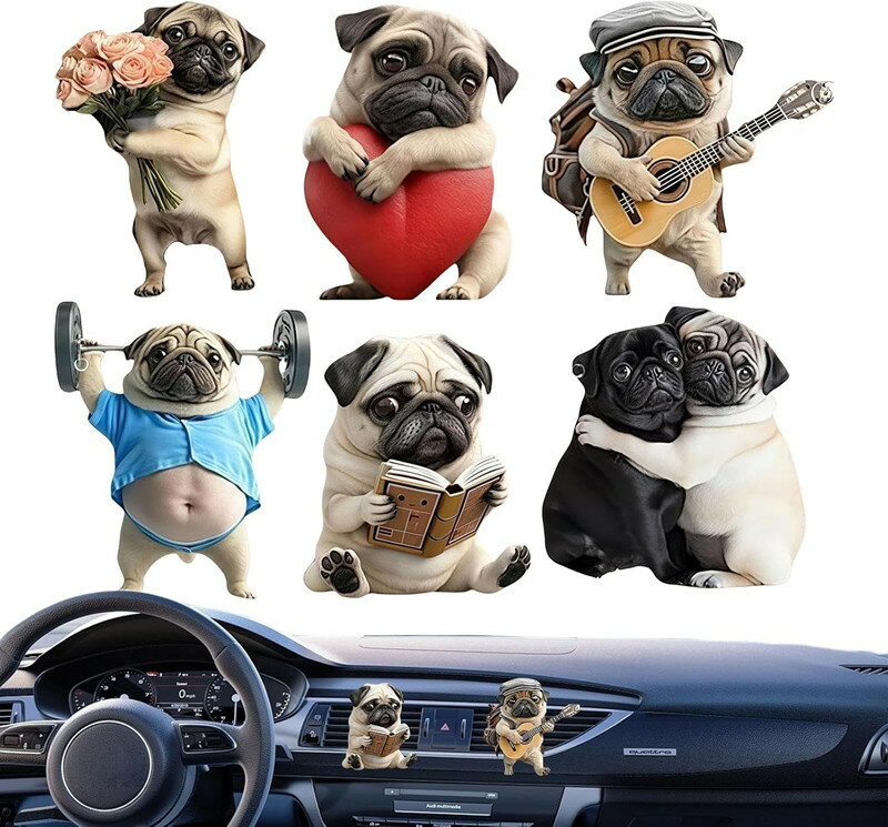 6個 車用 芳香剤 車用エアベントクリップ芳香剤 車用ベントクリップ パグ型 アロマディフューザー カー ベント 芳香剤 車用アロマセラピー 芳香剤ディフューザー 長持ち アクセサリー犬型 2D アクリル製 セダン トラック カーシェア 可愛い 車内デコレーション