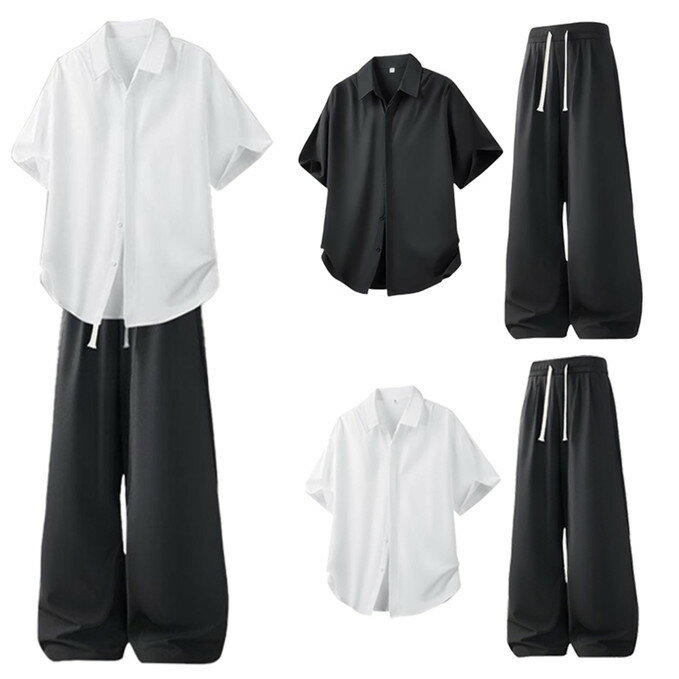 メンズ セットアップ 上下セット 夏服 半袖シャツ+パンツ アウター 接触冷感 半袖開襟シャツ オーバーサイズ ルーズフィット 無地 ビッグシルエット 夏服 涼しい 薄手 カジュアル ストリートファッション ゆったり 体型カバー 吸汗速乾 軽量 通気性 部屋着 春夏用 部屋着