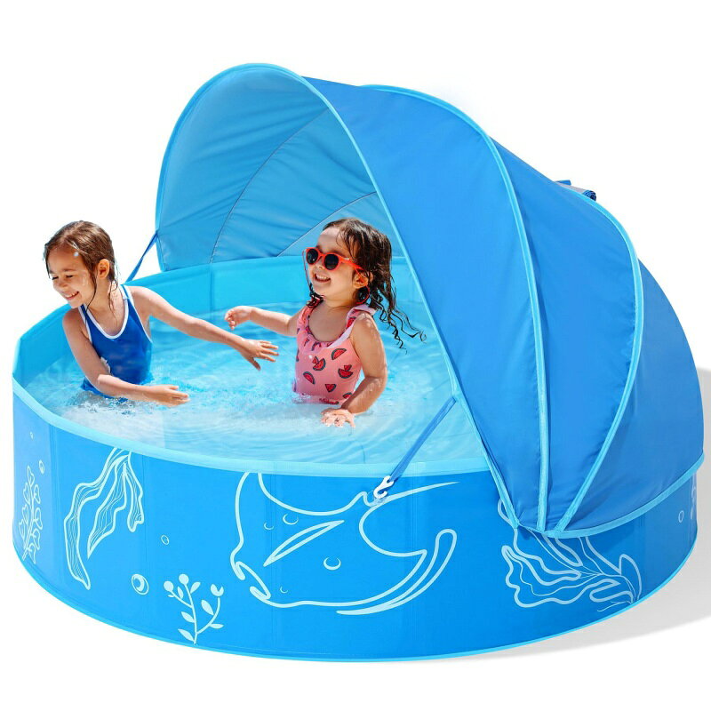 【楽しい水遊びを簡単に！折り畳み式キッズプール】暑い夏もこれで安心！お庭やベランダ、公園、海辺でも楽しめる子供用プールです。大きめサイズで2〜3名の小さなお子様が一緒に遊べます。夏の思い出作りや、ベビープールとしてもぴったりです。 【便利な遮陽付きで安心】日差しが強い日でも遮陽付きで紫外線対策が可能。長時間の水遊びも安心です。小さなお子様も安全に楽しめるキッズプールとして、おうち遊びに最適です。 【空気入れ不要＆折り畳み簡単】膨らませる手間なしで、設置も片付けもラクラク。コンパクトに折り畳めるので、収納場所を取りません。旅行先でも活躍する折り畳みプールです。 【多用途で使えるプール】庭、ベランダ、ビーチ、キャンプ場など様々な場所で活用可能。お子様だけでなく、犬用プールとしてもおすすめです。水遊びがもっと楽しくなります。 【安心・安全設計】柔らかい素材と安定した底面で安心して遊べます。簡易プールとしても便利で、膨らまさずに使えるので安全・快適。空気入れ不要 プールとして、手軽に夏の水遊びを楽しめます。