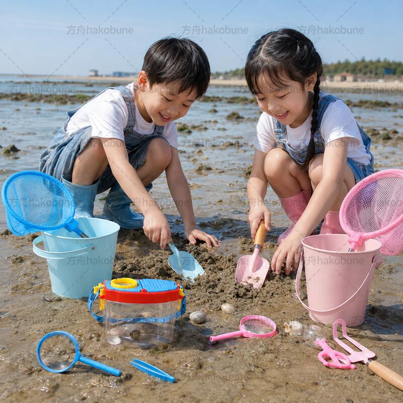 方舟株式会社の子供用 潮干狩りセット 9点セット 海辺道具一式 アサリ漁り砂遊びスコップ 伸縮魚取り網 子供海遊び用品セット 自由研究用 川磯遊び観察セット 小学生 子供 親子用 女の子 男の子 キッズ用 潮干狩り貝殻拾い 磯遊び 砂遊び カニ捕り 軽量 コンパクト 夏休み プレゼン｜アングル2