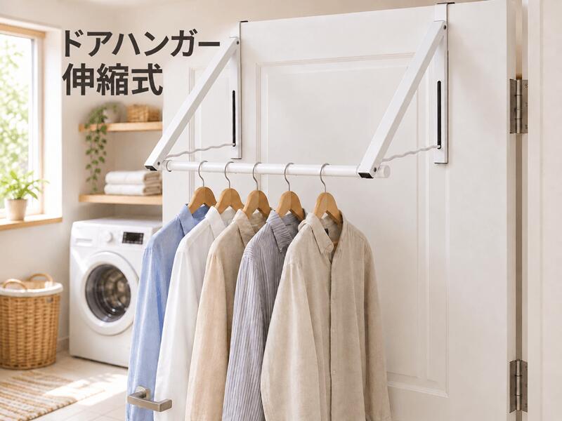 【伸縮式・折りたたみドアハンガー】約46〜61.5cmまで長さ調節できる伸縮式ドアハンガー。厚さ約3.5～4.6cmのドアに対応。使わない時は折りたたみでき、省スペースに収納できます。寝室、洗面所、ランドリールームに便利です。 【室内物干しにも衣類収納にも使える】洗濯物の部屋干し、コート、シャツ、バッグ、タオルなどの一時掛けに対応。室内物干しとしても、ドア掛けハンガーラックとしても使えます。 【しっかり支える安定構造】三角サポート構造で安定感があり、複数の衣類をすっきり掛けられます。毎日の洗濯物干しや衣類整理に使いやすいドア掛け物干しです。 【工具不要・穴あけ不要で簡単設置】ドアに掛けるだけで使えるため、ネジや工具は不要。賃貸住宅でも使いやすく、必要な場所にすぐ設置できます。ドアのすき間が約2mm以上あることを確認してください。 【省スペースで多場所に活躍】空いているドア上スペースを有効活用し、床に置かずに衣類を整理できます。寝室、玄関、オフィス、洗濯室などで使える多機能ドアハンガーです。