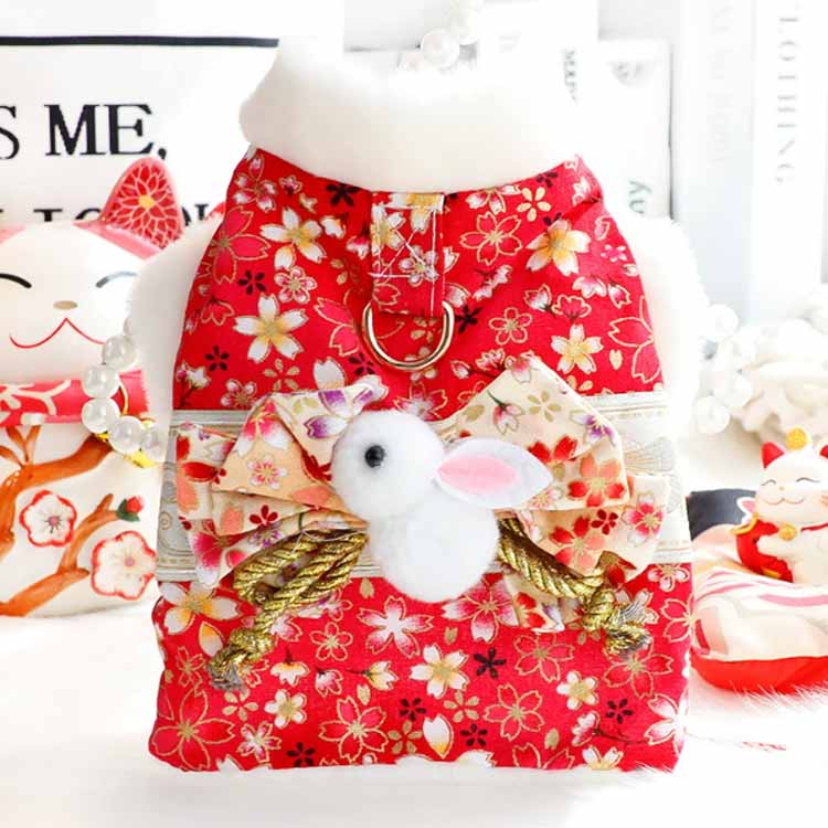 犬服 ペット服 秋冬 暖かい 裏起毛 もちもち 犬の着物 猫の着物 ペット 晴れ着 きもの 和服 和装 和柄 記念撮影 七五三 ひなまつり お正月 ウサギ 振袖 ペットウェア ハーネス トイプードル チワワ Dカン付き 2