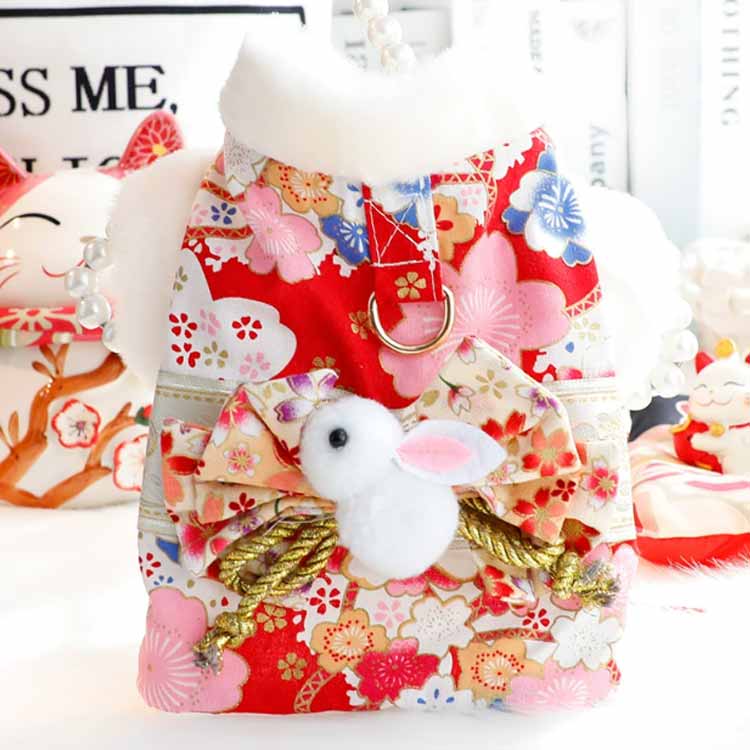 犬服 ペット服 秋冬 暖かい 裏起毛 もちもち 犬の着物 猫の着物 ペット 晴れ着 きもの 和服 和装 和柄 記念撮影 七五三 ひなまつり お正月 ウサギ 振袖 ペットウェア ハーネス トイプードル チワワ Dカン付き 3
