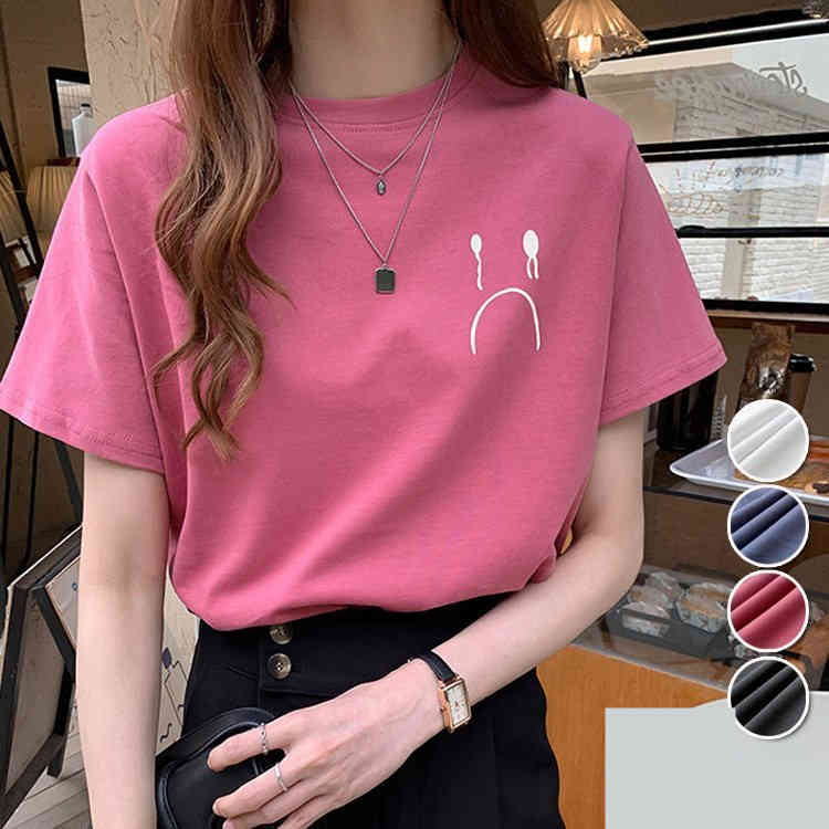 Rakuten - Tシャツ レディース きれいめ 40代 春夏 上品 半袖Tシャツ ブラウス 綿 白トップス 泣き顔 オシャレ 韓国風 ゆったりカットソー 大きいサイズ Tシャツ