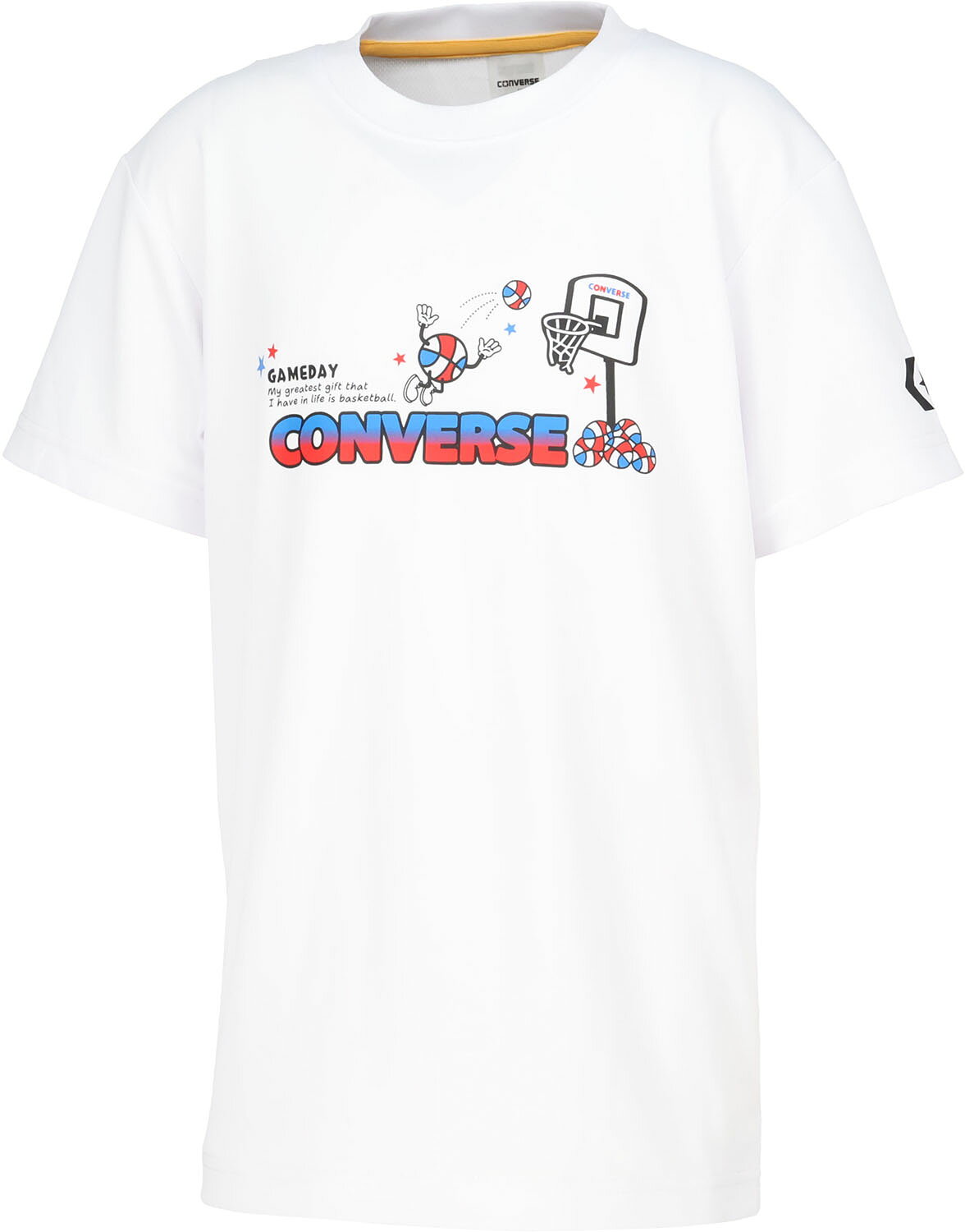 品名：6S JRプリントTシャツカラー名：ホワイトサイズ詳細：130 : 身幅37 | 身丈54 | 背肩幅33.5 | 袖丈14.5140 : 身幅40 | 身丈58 | 背肩幅36.5 | 袖丈15.5150 : 身幅43 | 身丈62 | 背肩幅39.5 | 袖丈16.5160 : 身幅46 | 身丈66 | 背肩幅42.5 | 袖丈17.5※商品によってはどうしても若干の誤差が発生してしまいます。　1-2cmの誤差はあらかじめご了承ください。商品重量：140g商品の説明：ポップなバスケットボールのグラフィックのジュニアTシャツ。柔らかな肌触りに吸汗速乾を兼ね揃えたスポーツ向けアイテム。素材・材質：ポリエステル100%機能：吸汗・速乾、UV原産国：中国バスケ / バスケ用 / ばすけ / バスケットボール / バスケ / コンバース / コンバースバスケ / 練習用 / ミニバス / ジュニア / Jr / 小学生 / 初心者 / 男の子 / 女の子 / 子供 / BASKE / BASKETBALL / オススメ / 移動用 / 個人持ち / 中学生 / 高校生 / 社会人 / 部活 / クラブ / 吸汗速乾 / さらさら / べたつかない / すぐ乾く / ユニセックス / 男女兼用 / メンズ / Tシャツ / 半袖Tシャツ / CB461356-1100