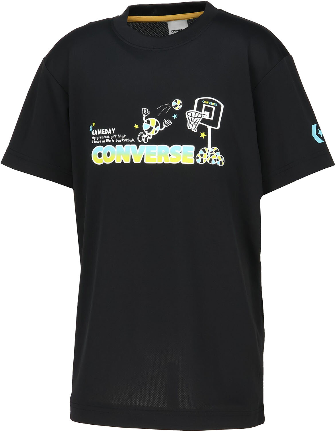 品名：6S JRプリントTシャツカラー名：ブラック×ターコイズサイズ詳細：130 : 身幅37 | 身丈54 | 背肩幅33.5 | 袖丈14.5140 : 身幅40 | 身丈58 | 背肩幅36.5 | 袖丈15.5150 : 身幅43 | 身丈62 | 背肩幅39.5 | 袖丈16.5160 : 身幅46 | 身丈66 | 背肩幅42.5 | 袖丈17.5※商品によってはどうしても若干の誤差が発生してしまいます。　1-2cmの誤差はあらかじめご了承ください。商品重量：140g商品の説明：ポップなバスケットボールのグラフィックのジュニアTシャツ。柔らかな肌触りに吸汗速乾を兼ね揃えたスポーツ向けアイテム。素材・材質：ポリエステル100%機能：吸汗・速乾、UV原産国：中国バスケ / バスケ用 / ばすけ / バスケットボール / バスケ / コンバース / コンバースバスケ / 練習用 / ミニバス / ジュニア / Jr / 小学生 / 初心者 / 男の子 / 女の子 / 子供 / BASKE / BASKETBALL / オススメ / 移動用 / 個人持ち / 中学生 / 高校生 / 社会人 / 部活 / クラブ / 吸汗速乾 / さらさら / べたつかない / すぐ乾く / ユニセックス / 男女兼用 / メンズ / Tシャツ / 半袖Tシャツ / / CB461356-1924