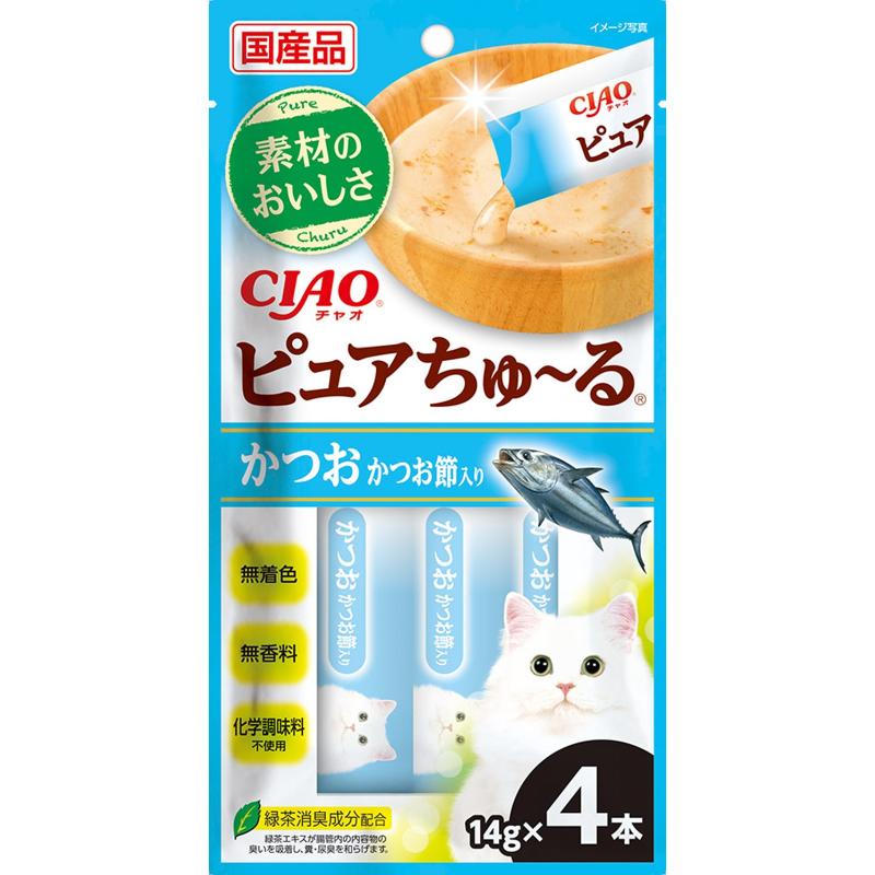 一度与えたらやみつきになる美味しさ。好評のピュアちゅーるが国産にリニューアル、今までにない液状のおやつ原材料：かつお、魚介エキスパウダー（まぐろ、ほたて）、かつお節、増粘安定剤（加工でん粉、増粘多糖類）、緑茶エキス使用方法：お皿に出してお与えください。または直接、おやつとしてお与えください